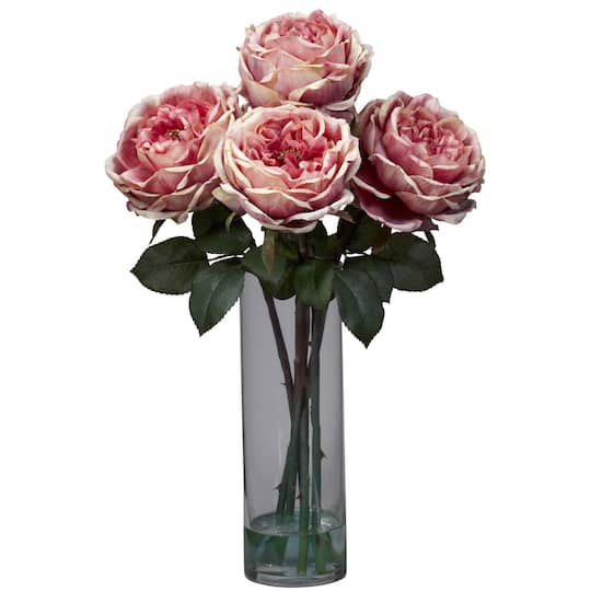 18" Pink Fancy Rose Arrangement in Glass Cylinder Vase